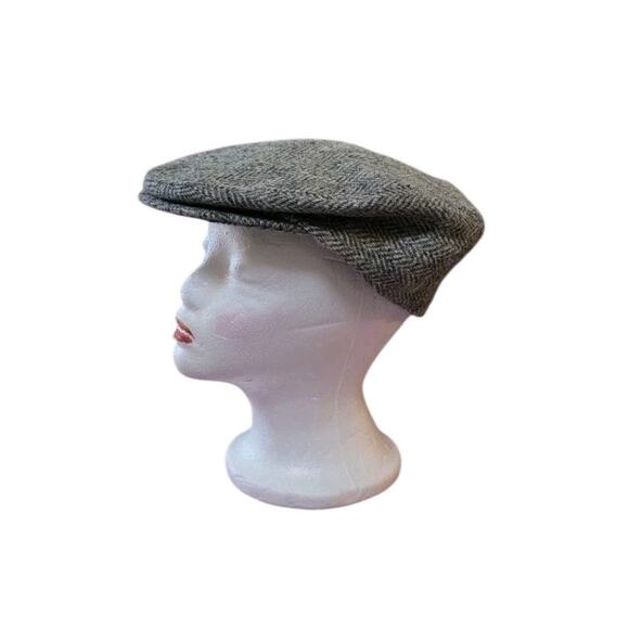 Vtg Harris Tweed Hat Wool Cap Beret Herringbone Brown - Picture 2 of 4